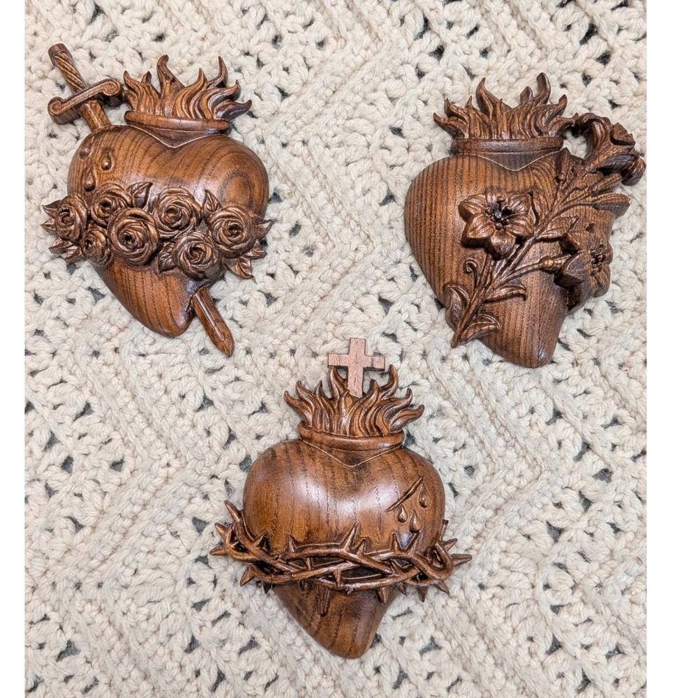 3pc Carved Wood Sacred Heart Immaculate Heart Joseph Wall Plaque Set Religious
